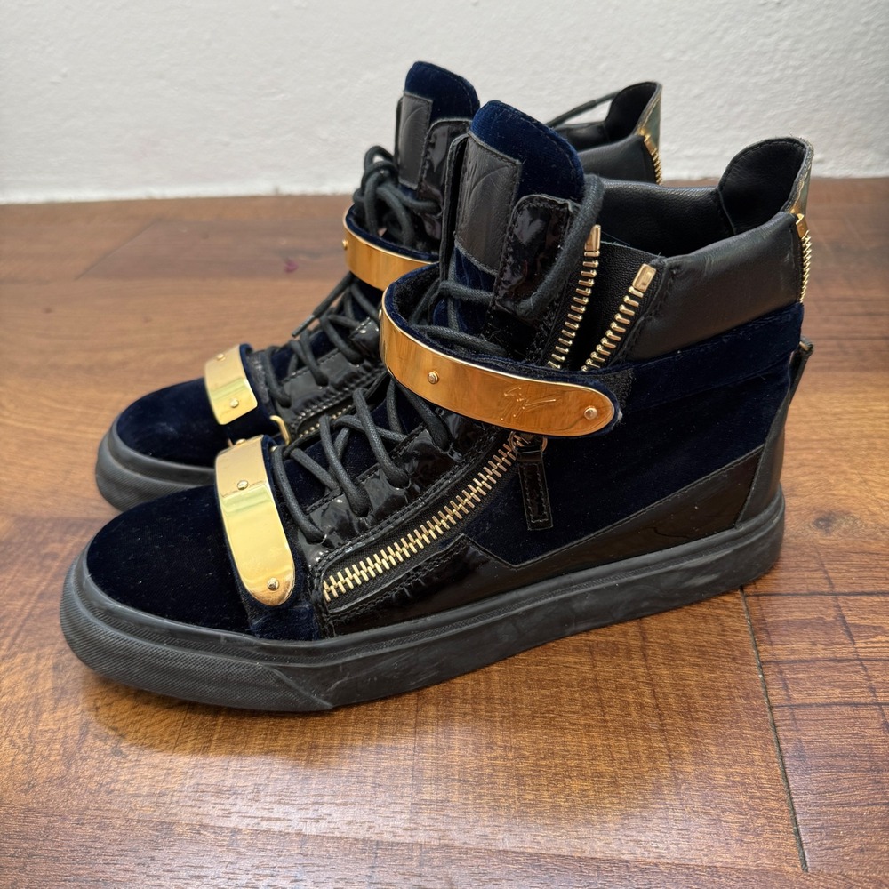Giuseppe Zanotti Coby High Sneakers 40 Navy Velvet Leather Gold Metal Straps